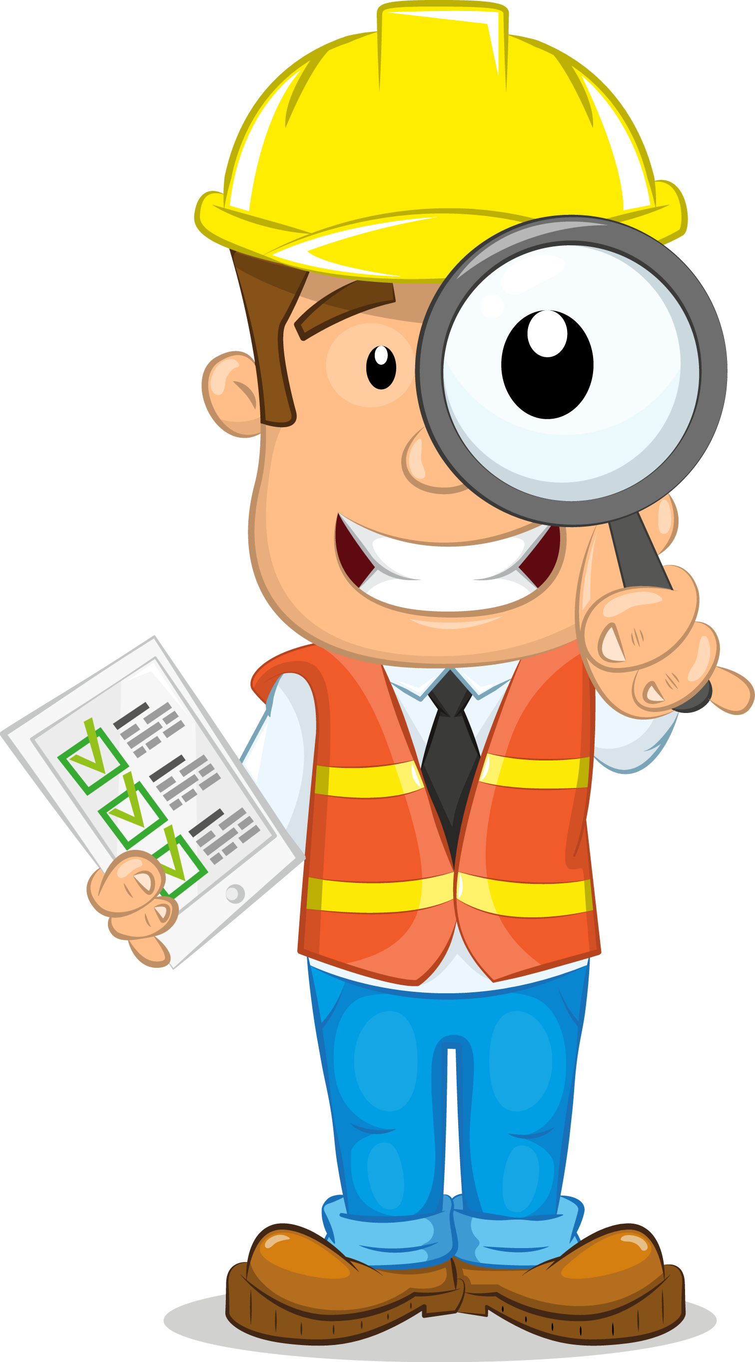 GoInspect inspector mascot holding a magnifying glass and inspection checklist
