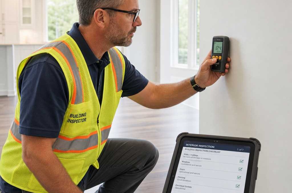 Building inspector in a neon vest uses a handheld device on a wall, with a tablet checklist nearby on the counter.