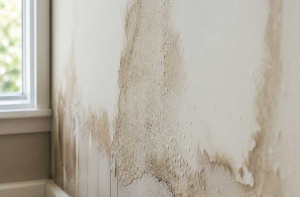 Interior wall with peeling paint and damp stains along the baseboard by a window in a sunlit room