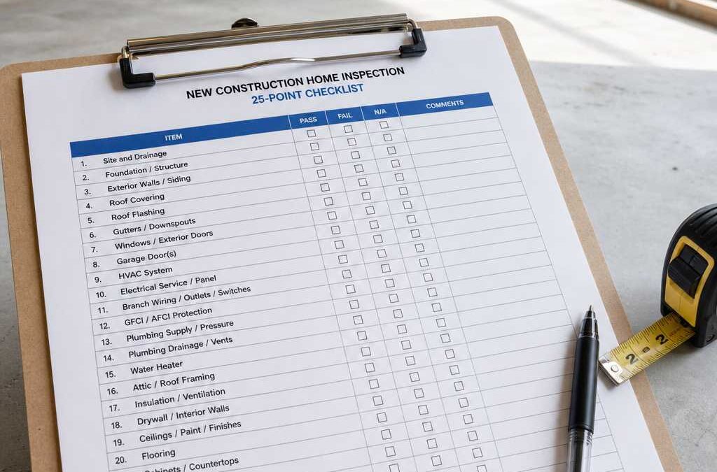 Clipboard with a new construction home inspection checklist and a pen on a worksite, with a measuring tape nearby and unfinished room in the background (bright natural light).