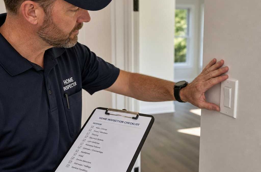 Home inspector checks a light switch while holding a clipboard with a home inspection checklist in a doorway.