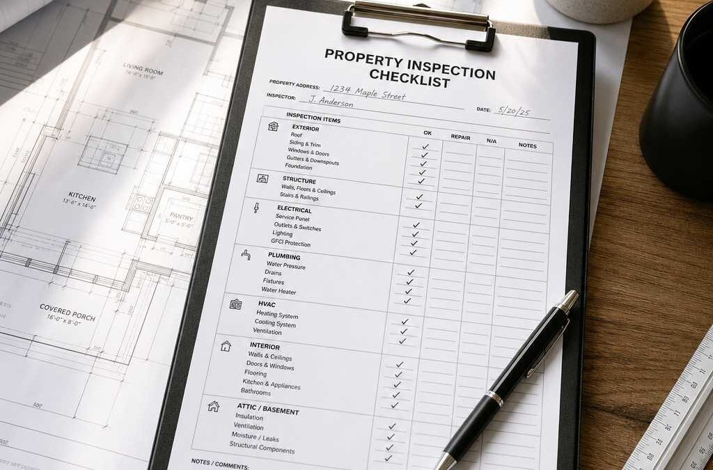 Clipboard holding a property inspection checklist over architectural blueprints with a pen nearby. A plant and ruler sit on the table nearby.
