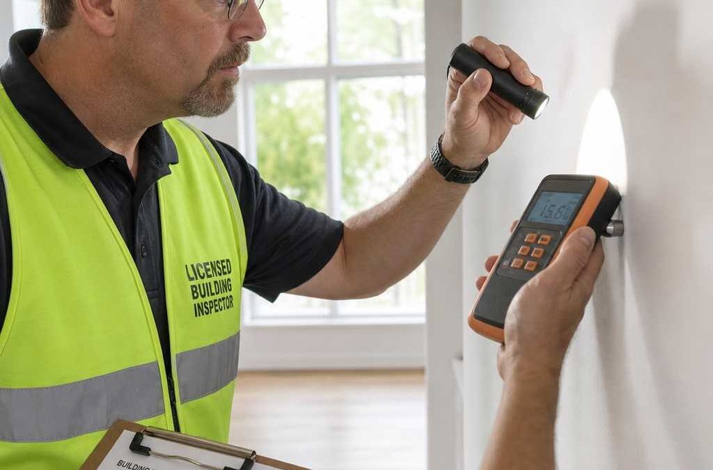 Licensed building inspector in a neon safety vest tests a wall with a handheld meter while holding a clipboard with an inspection report markups.