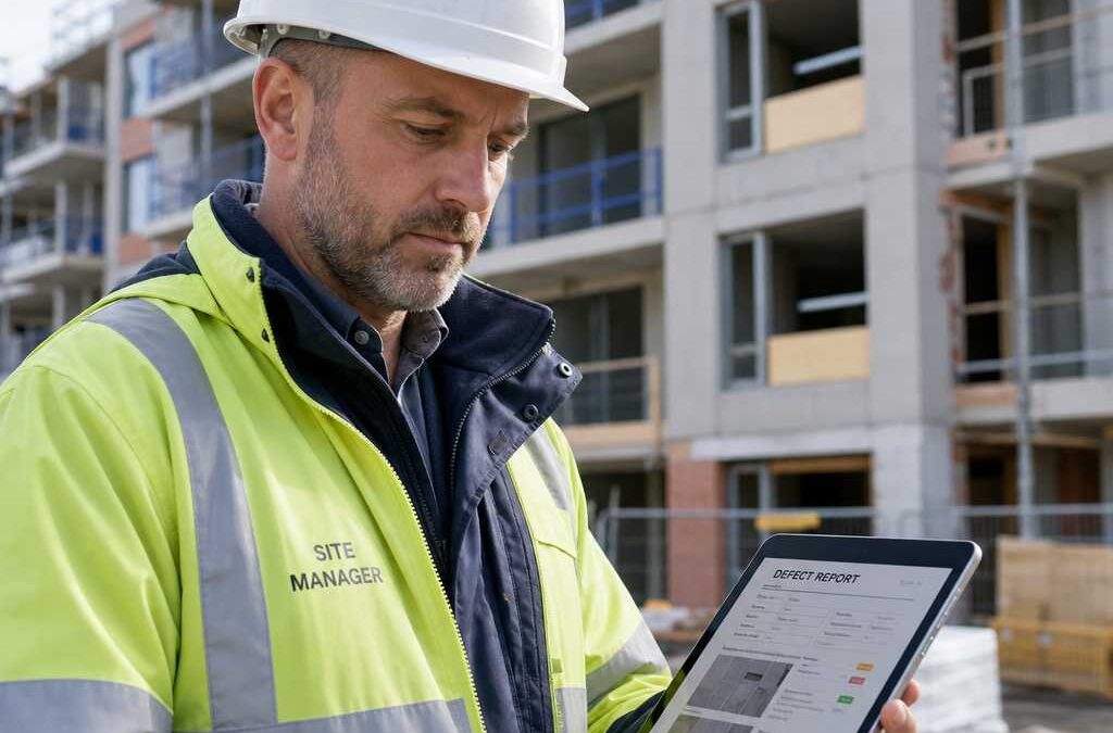 Site manager in a safety helmet and neon jacket reviews a tablet showing a defect report at a construction site