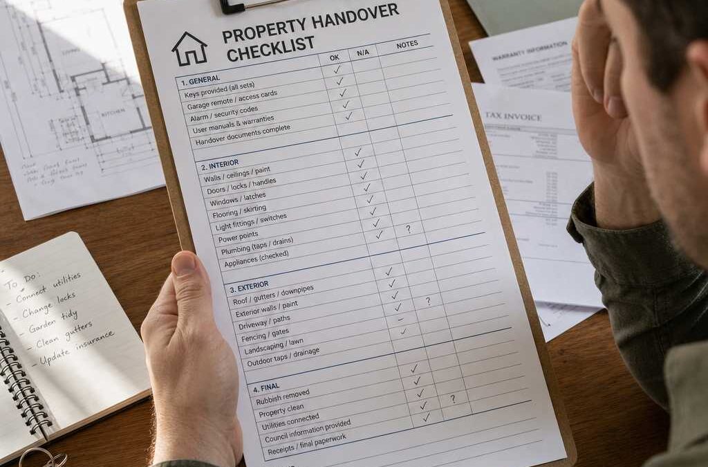 Person holds a clipboard titled 'Property Handover Checklist' beside floor plans and keys for a home.