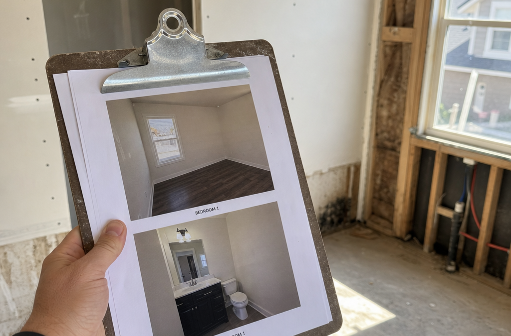 Clipboard with two interior photos labeled Bedroom 1 and Bathroom 1, held in a room under renovation with exposed studs and bare walls (hand visible).