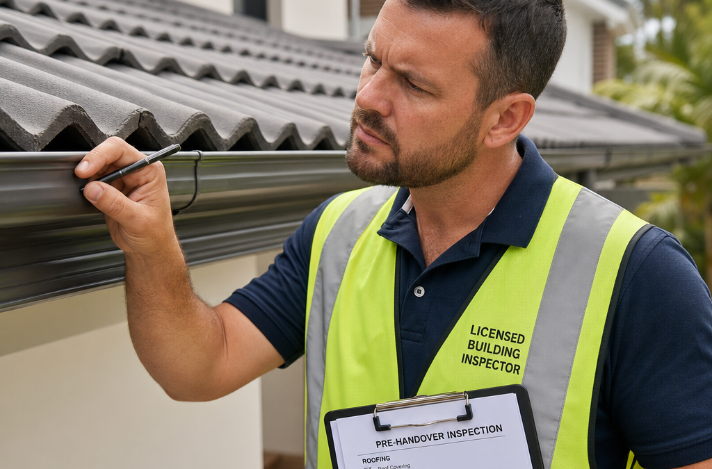 Licensed building inspector in a neon vest checks a gutter, writing on a clipboard.4DD️?