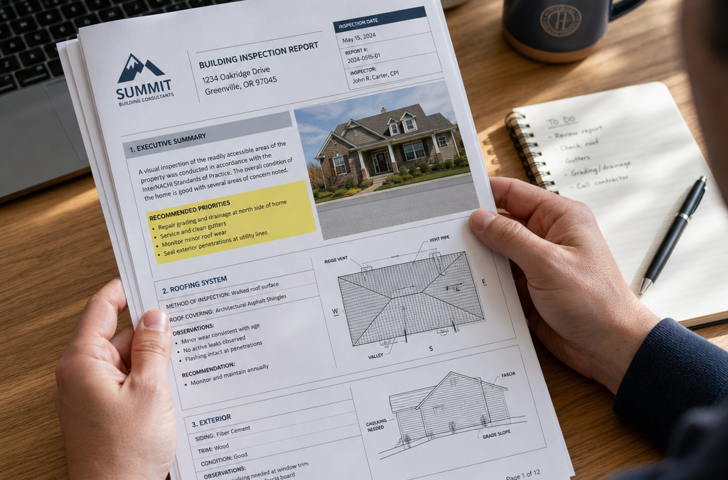 Person holding a multi-page building inspection report on a wooden desk, with a laptop, potted plant, and blue mug nearby—focusing on the report’s house photo and diagrams.