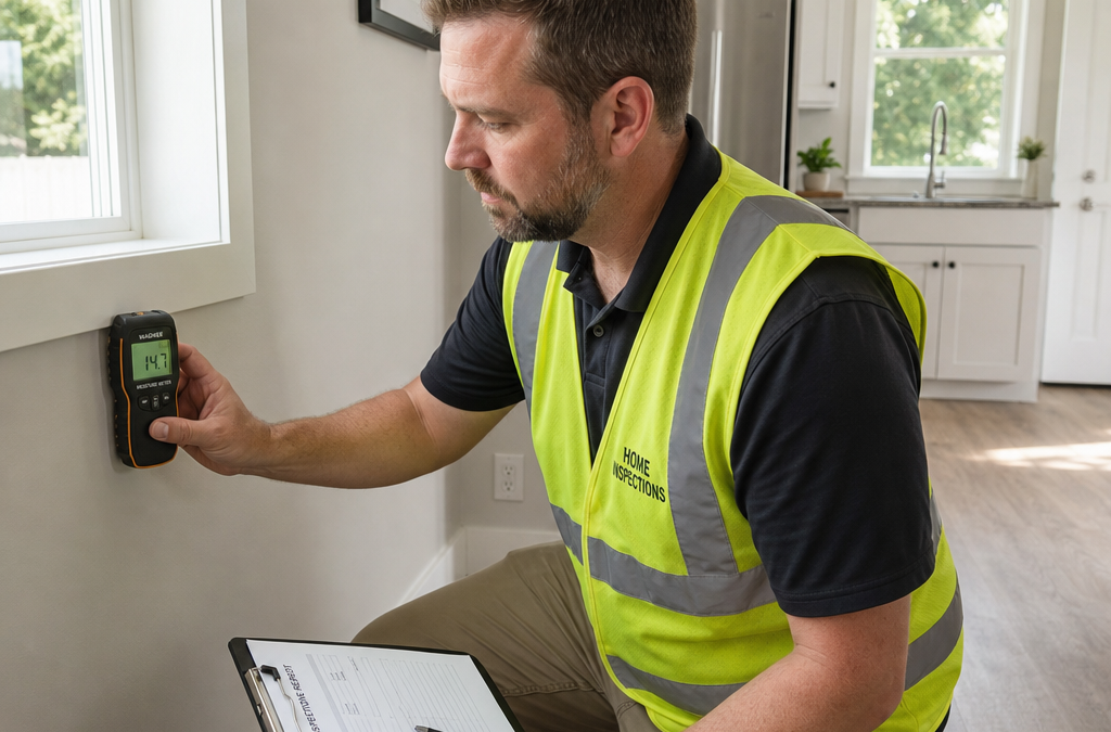 Home inspector in a neon safety vest checks a wall-mounted meter with a handheld device while recording notes on a clipboard in a bright kitchen.
