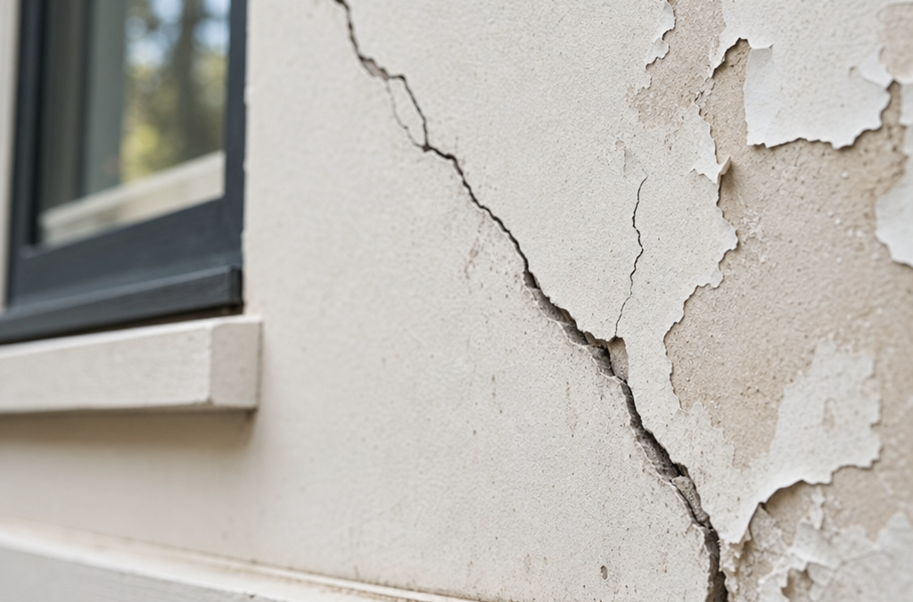 Exterior wall with peeling plaster and a large diagonal crack near a window frame.