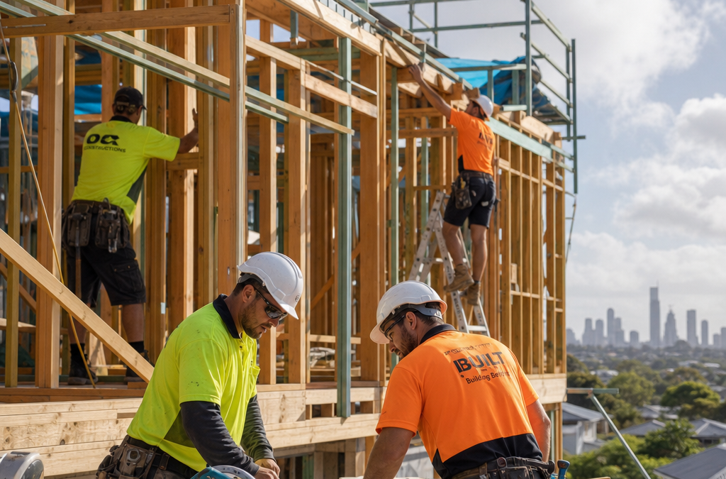 Construction workers with hard hats assemble wooden framing on a building under construction; foreground shows a workbench with tools and two workers measuring plans.