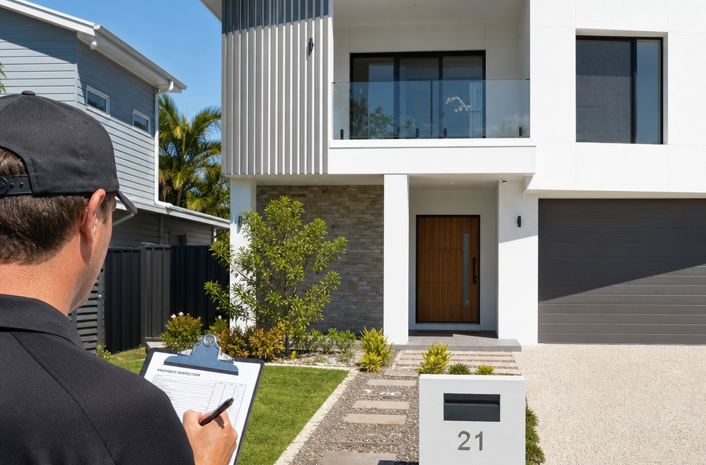 Home inspector with clipboard surveying a modern two‑story house with a wooden front door and a gray garage.