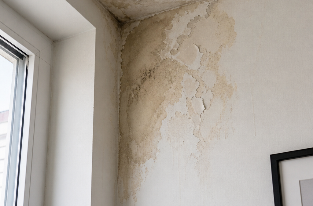 Corner of a room with extensive water damage and peeling paint on the wall near the ceiling by a window while a framed photo hangs nearby (wall stain).