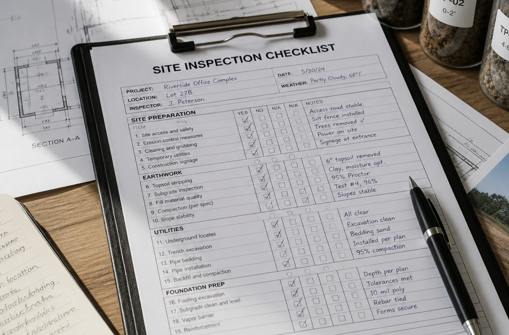 Clipboard with a 'Site Inspection Checklist' form, pen, architectural blueprints, and labeled jars on a wooden desk.