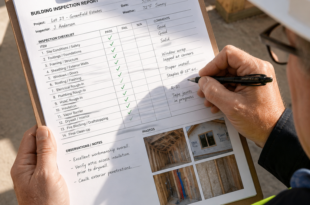Construction inspector holds clipboard with a building inspection report and photos on a construction site, pen in hand.