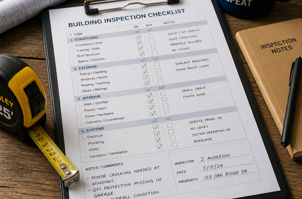 Clipboard with a building inspection checklist on a wooden desk, beside a tape measure and a mug that reads 'BUILD INSPECT REPEAT' with a notebook nearby.