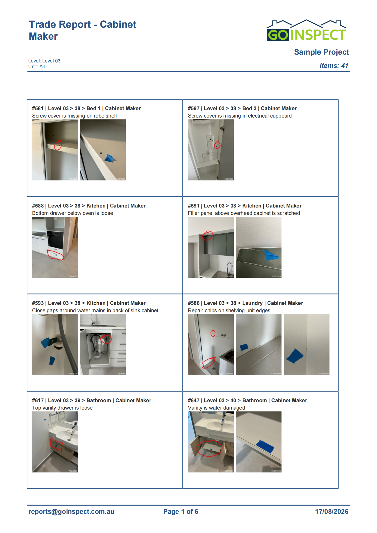 Sample trade-specific defect report showing cabinet maker defects across multiple apartments