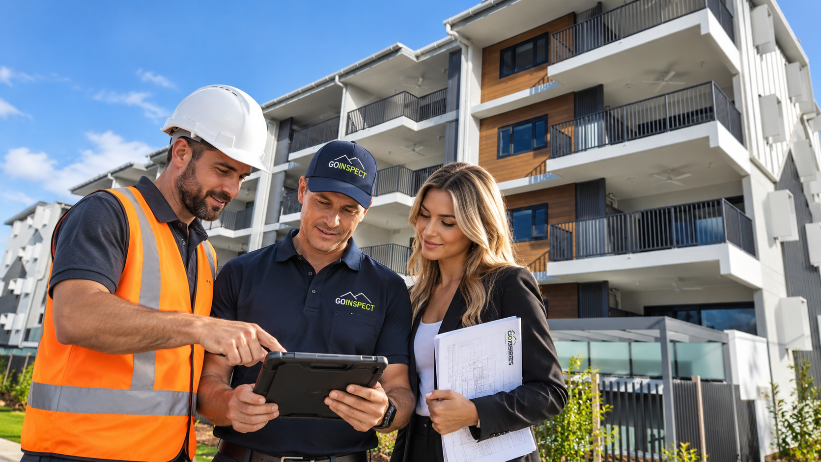 GoInspect inspector reviewing a multi-residential apartment project with a builder and developer representative