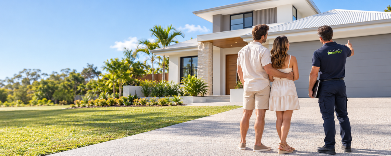 Homeowners and an inspector at a new home