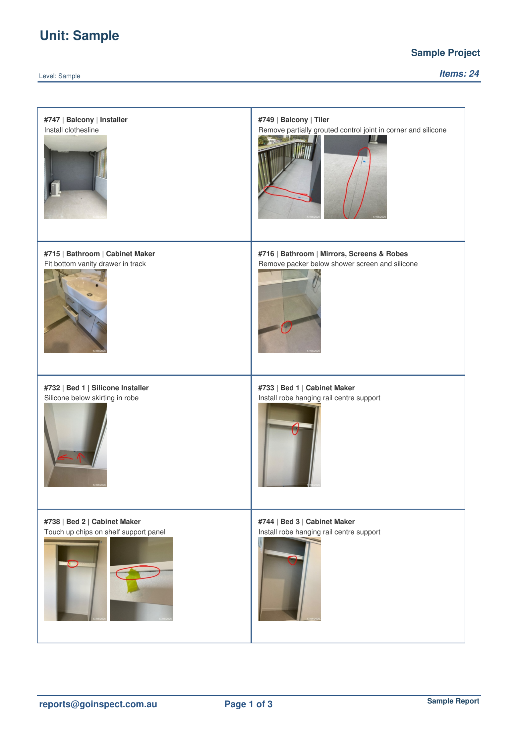Sample apartment defect report showing photographed defects and responsible trade allocation