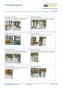 Anonymised GoInspect frame stage report with defect photographs, locations and responsible trades