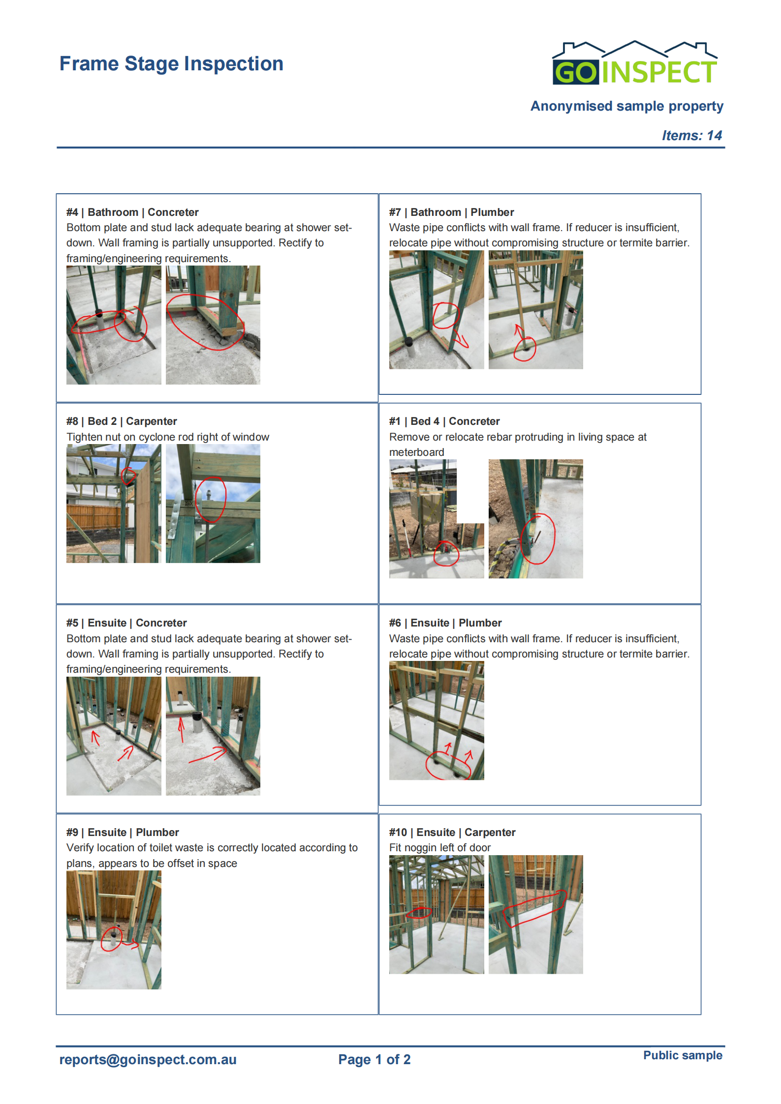 Anonymised GoInspect frame stage report with defect photographs, locations and responsible trades