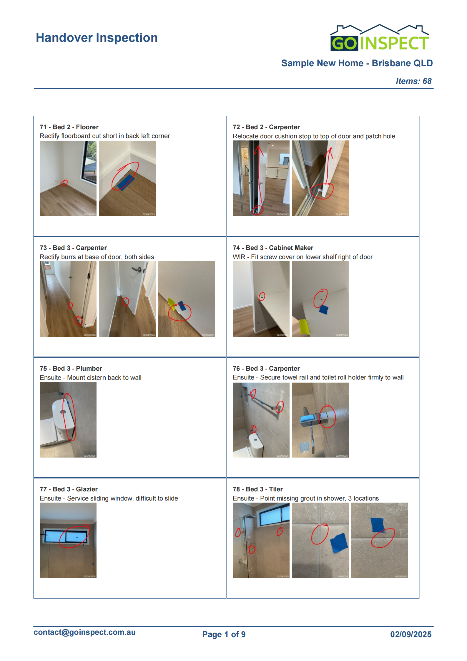 Sample GoInspect handover report with defect photographs, locations and responsible trades