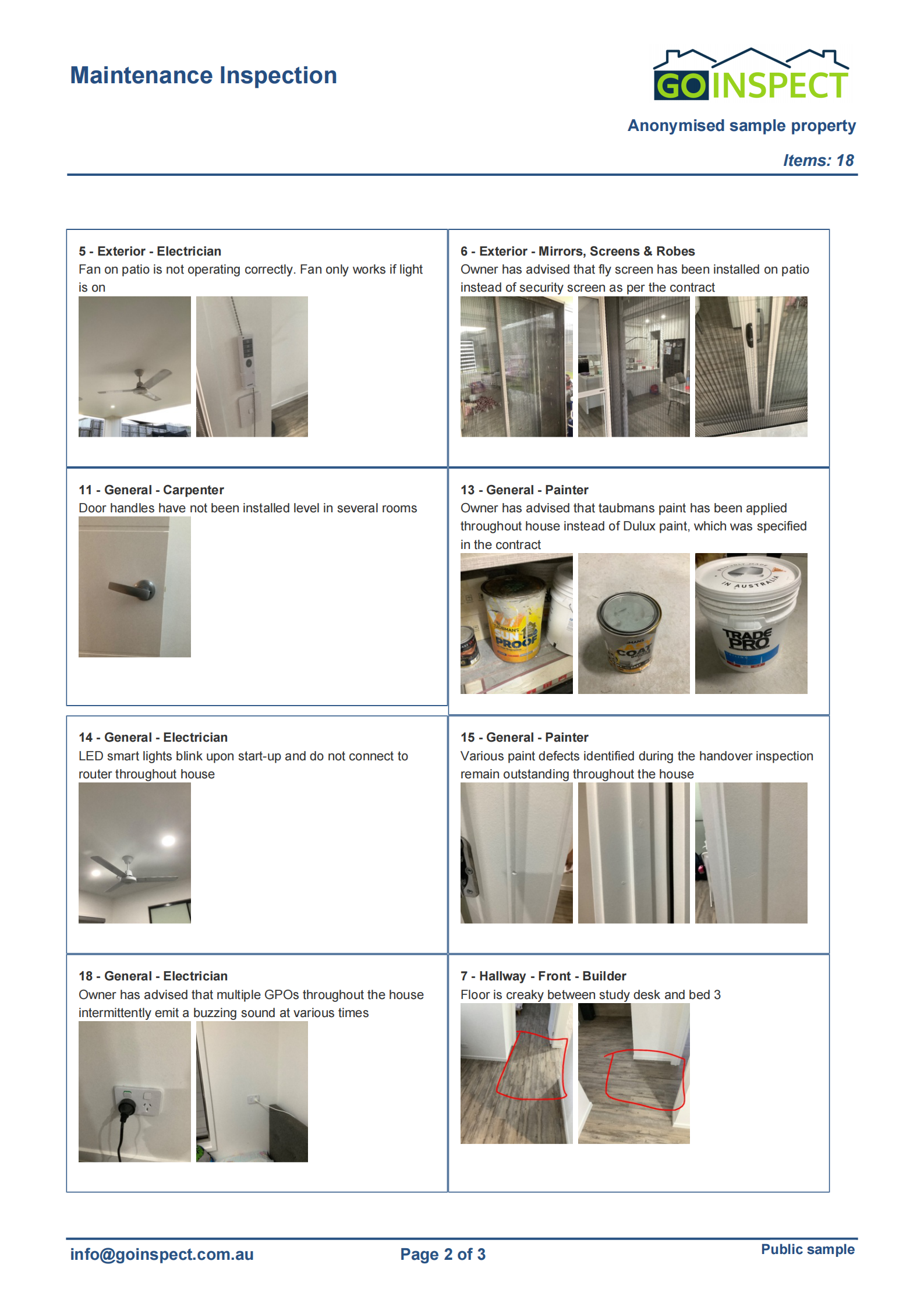 Anonymised GoInspect maintenance report with defect photographs, locations and responsible trades