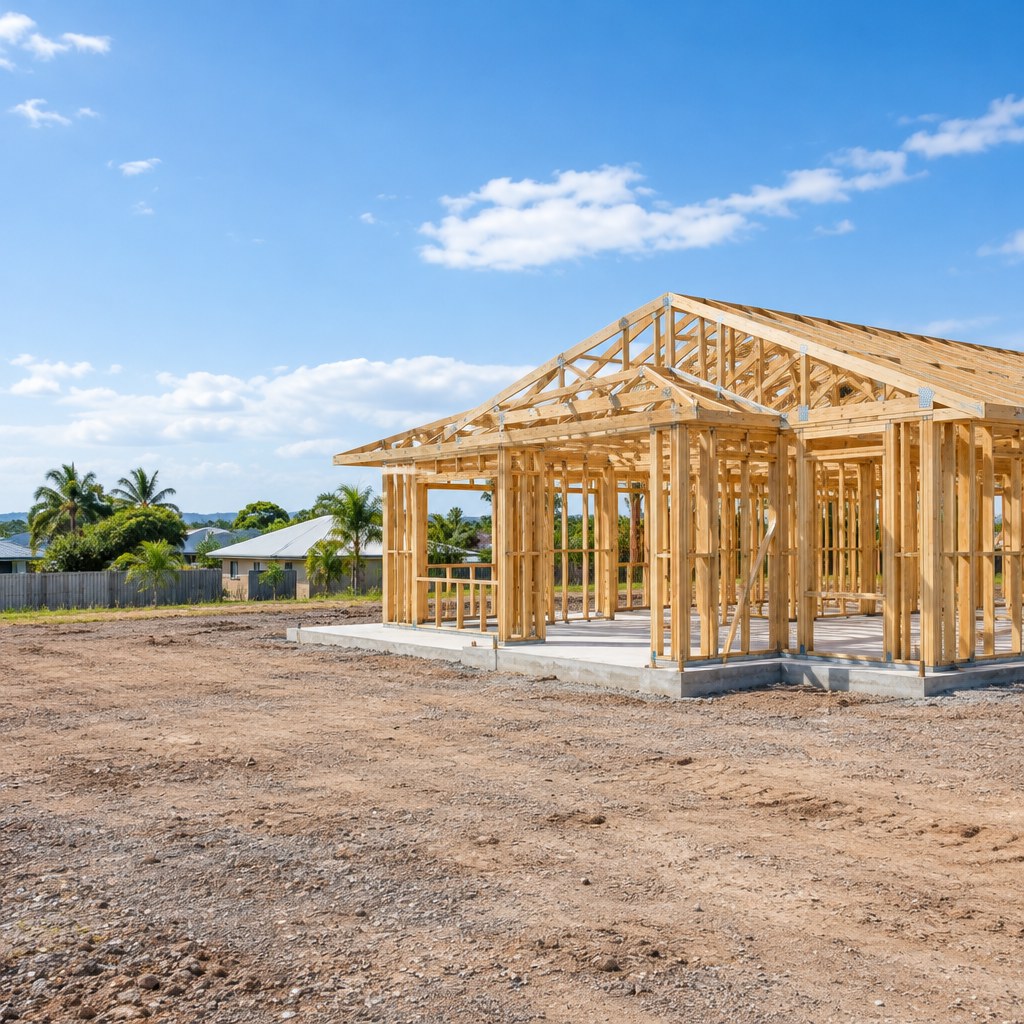 Timber wall frames and roof trusses of a new house under construction